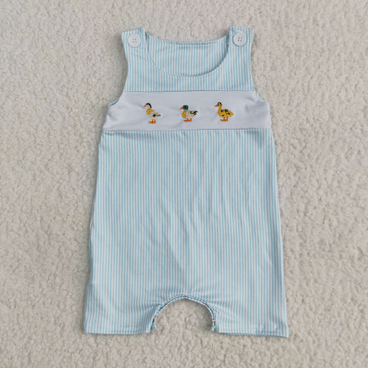 RTS NO MOQ SR2991 Embroidered smocked duck blue striped sleeveless bodysuit