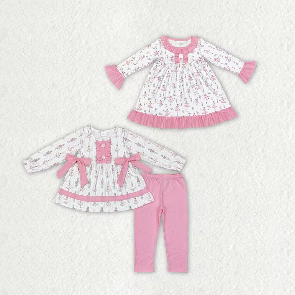 RTS NO MOQ GLP1283 GLD0720 Pink Ballerina Girl Pattern Bow Long Sleeve Suit & Long Sleeve Dress