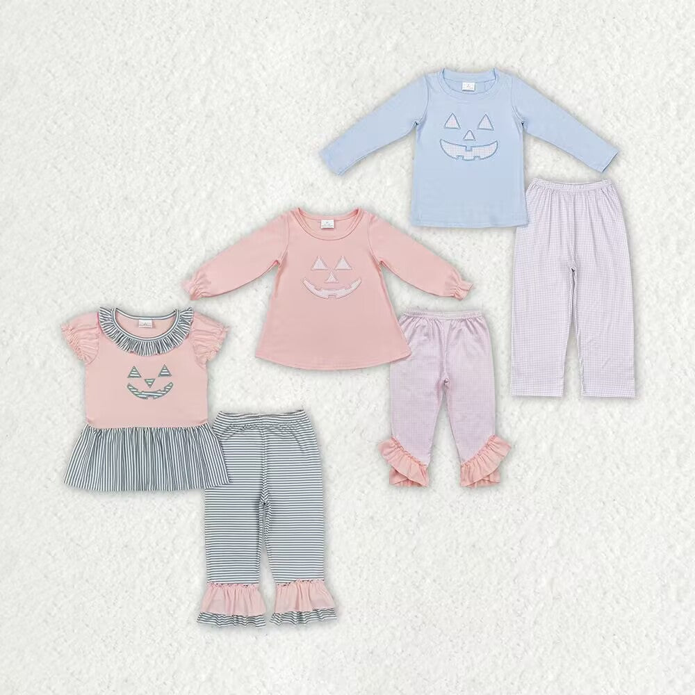 RTS NO MOQ Embroidered Pumpkin Smiley Face Long Sleeve Suit & Short Sleeve Suit