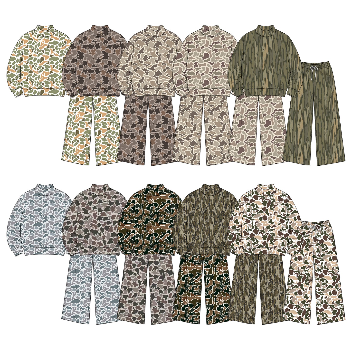 pre order no moq TESC0102 High Neck Baby Kids Camo Print  Long Sleeve Top Pant Casual Clothes Set
