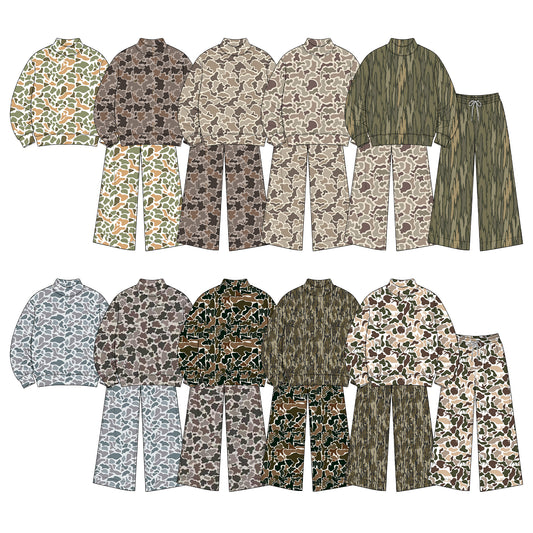 pre order no moq TESC0102 High Neck Baby Kids Camo Print  Long Sleeve Top Pant Casual Clothes Set