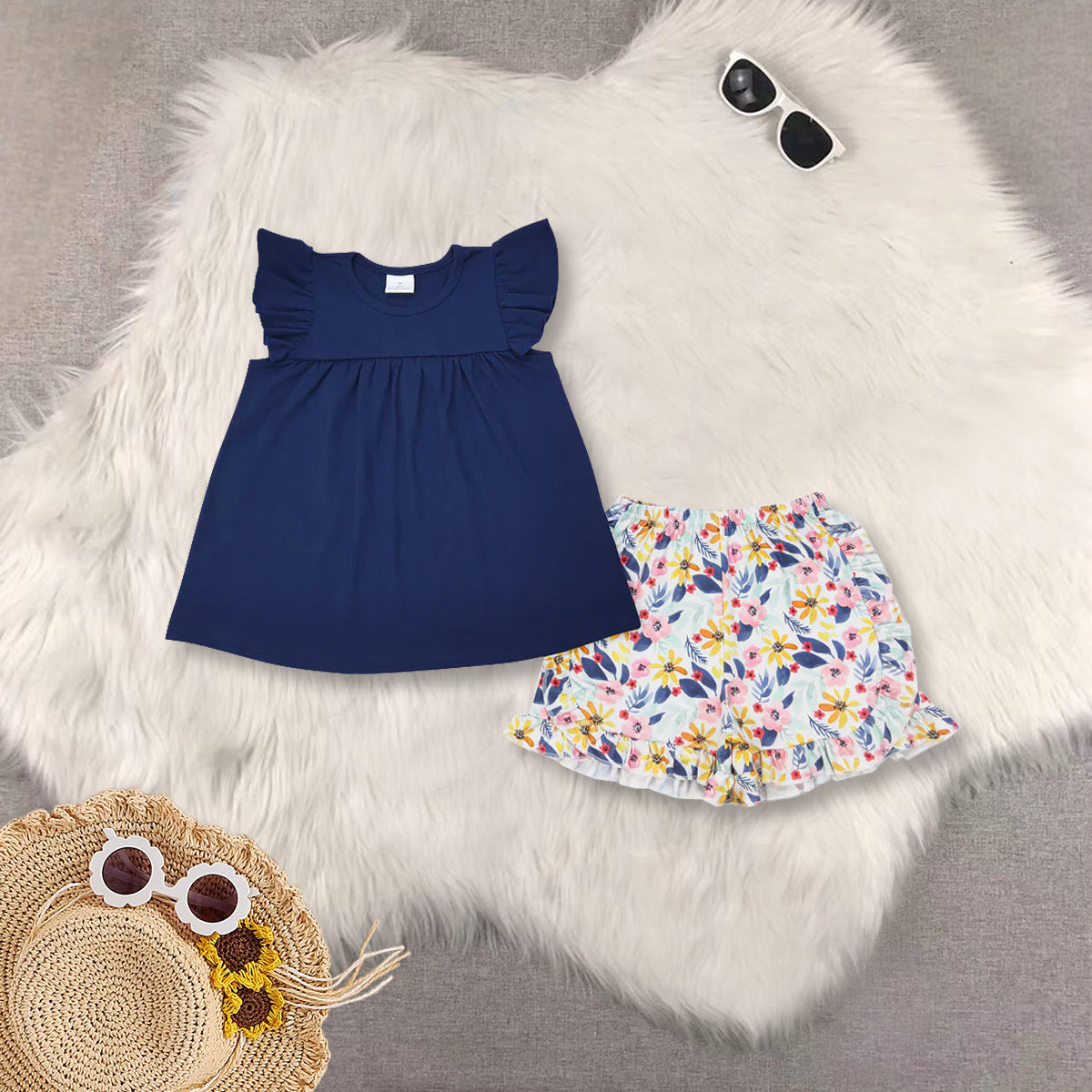 RTS summer Girls Clothes floral Short Sleeve Shorts Set