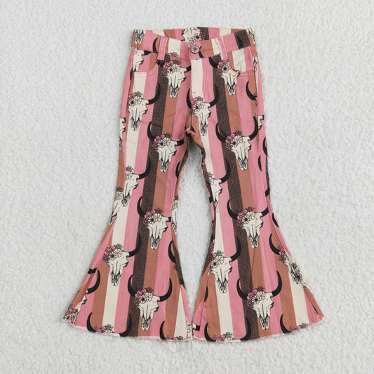 rts no moq P0437 Flower alpine bull head pink and orange striped denim pants