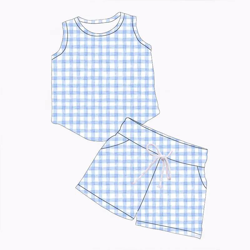 Custom summer baby girls and boy clothes sleevekess shorts set