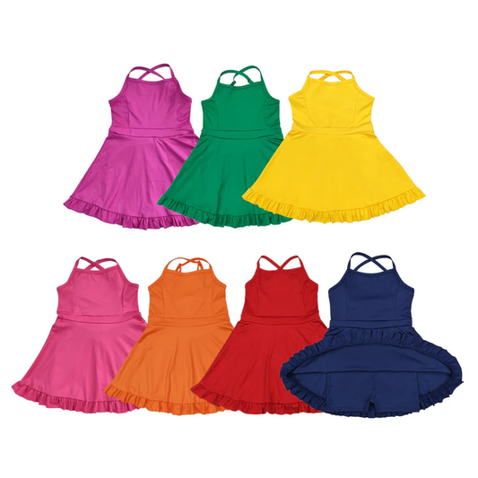 RTS NO MOQ Sibling baby girl clothes Solid red sportswear skirt swimsuits