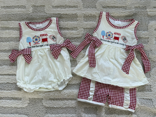 RTS NO MOQ Sibling milk silk  Baby Girls Summer Ice Cream Red Plaid Ruffle Clothes Sets Plaid Bows Ruffle Rompers