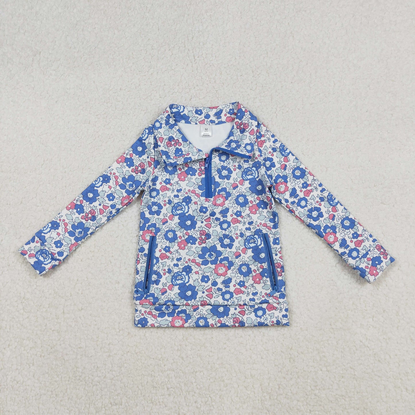 RTS NO MOQ（In Stock) GT1192 Pink and blue floral and leaf zippered long-sleeved yoga top