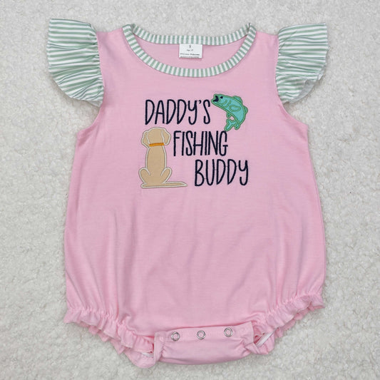RTS NO MOQ（In Stock) Embroidered daddy's fishing buddy fish puppy striped pink vest jumpsuit