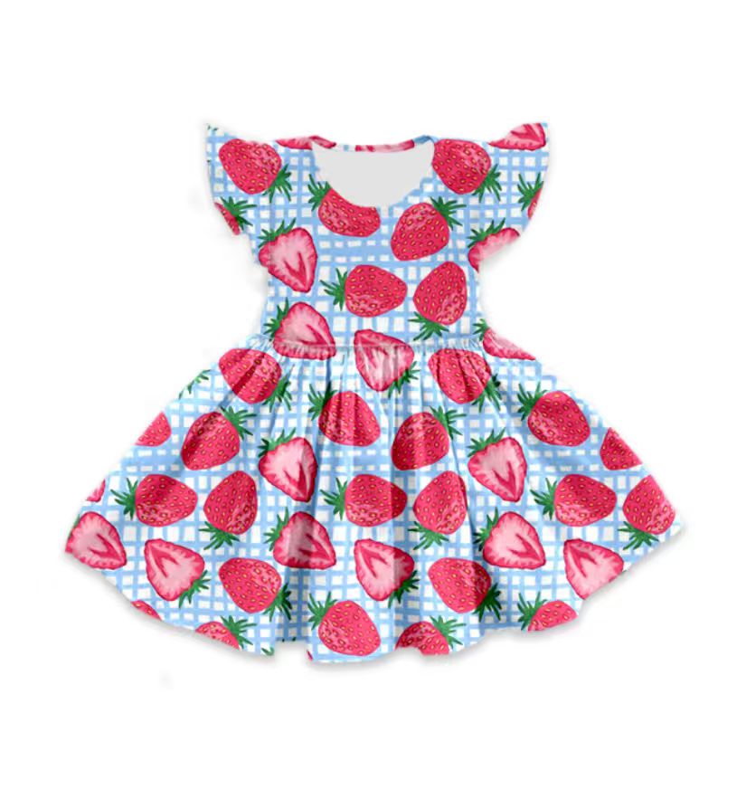Custom moq 5 mix size milk silk baby girl clothes strawberry flying sleeve shorts sets and dresses 2