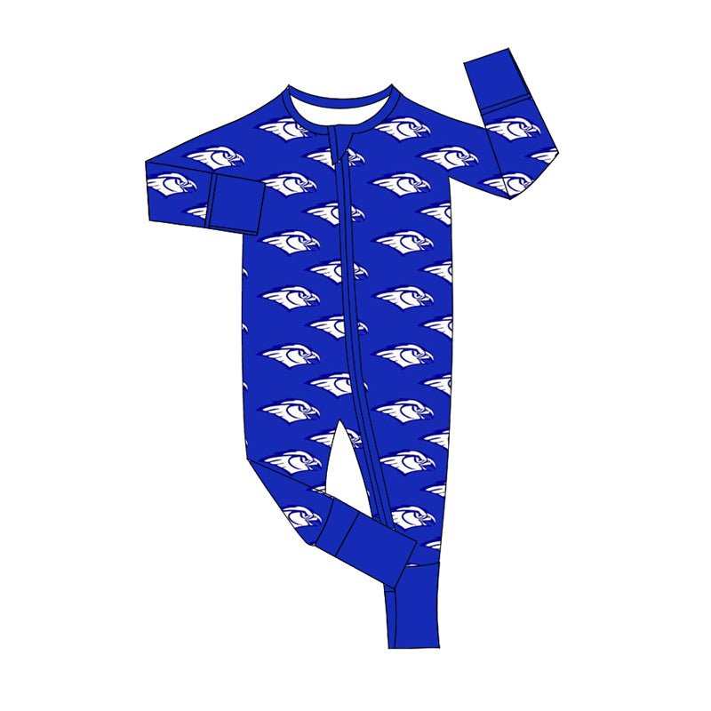 Deadline  October 31 custom no moq eta 6-8weeks White Eagle Head Klein Blue Long Zipper Romper