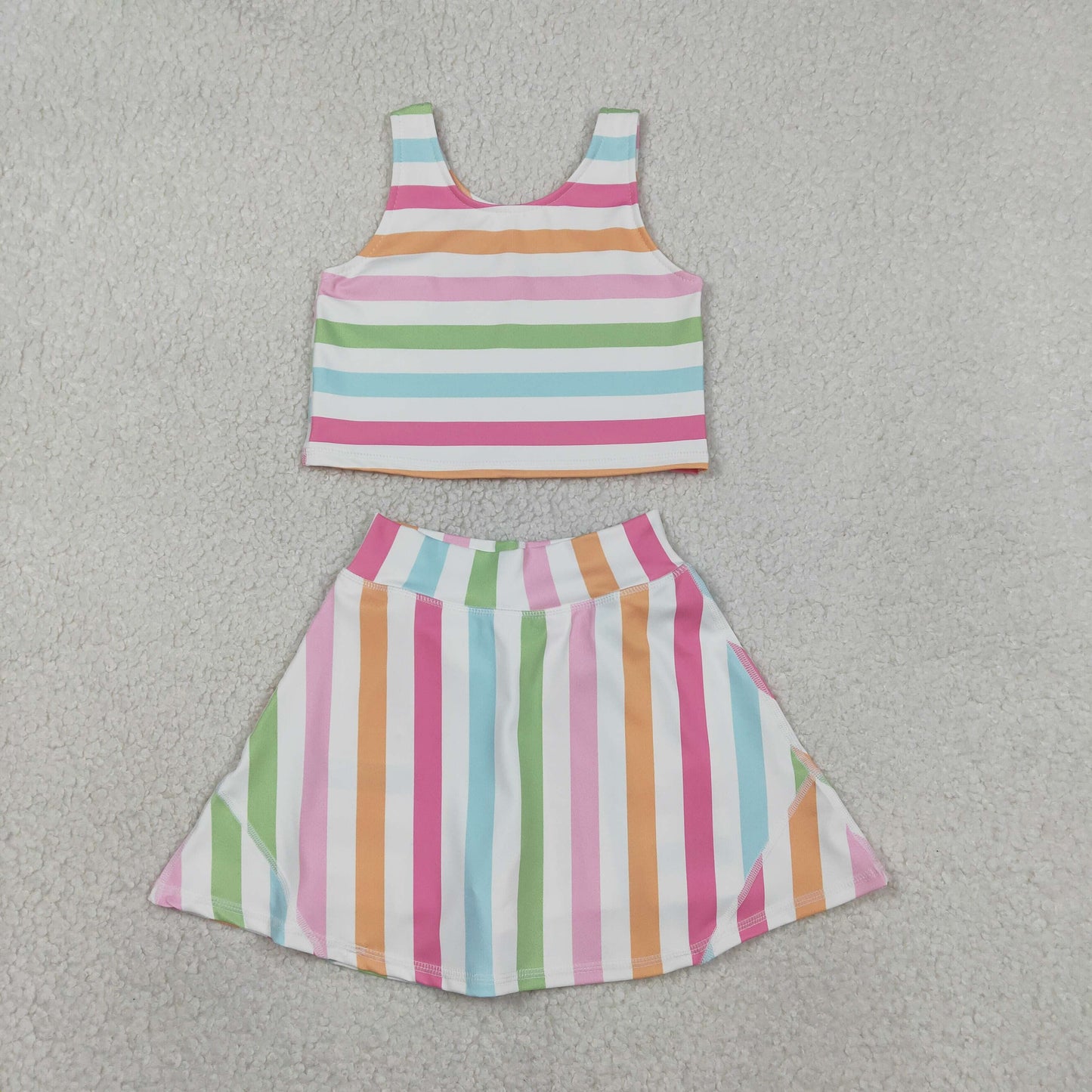 RTS NO MOQ（In Stock) GSD2348 Colorful striped white yoga vest pants skirt set