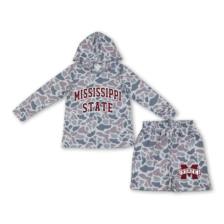 custom moq 5 mix size BAPY01 Baby Kids Camo Print Hooded Long Sleeve Top And Matching Shorts Outfit Set