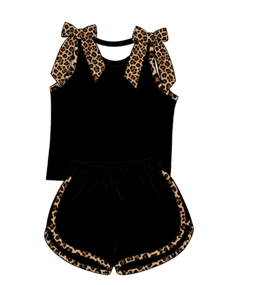 custom moq 5 mix size Baby Girls Leopard Bow Sleeveless Black Top Shorts Summer Casual Clothes Set
