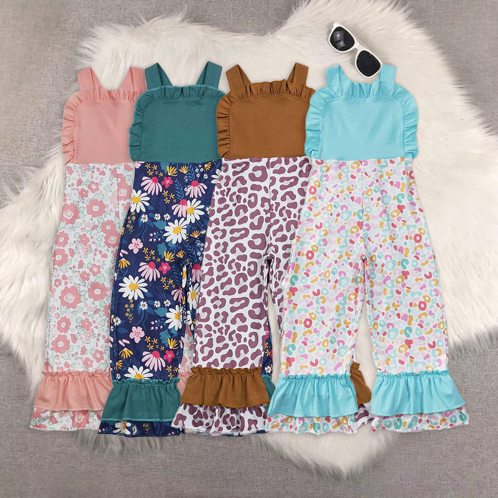 RTS Baby girls clothes leopard floral suspender jumpsuit