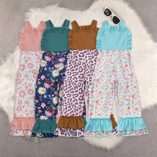 RTS Baby girls clothes leopard floral suspender jumpsuit