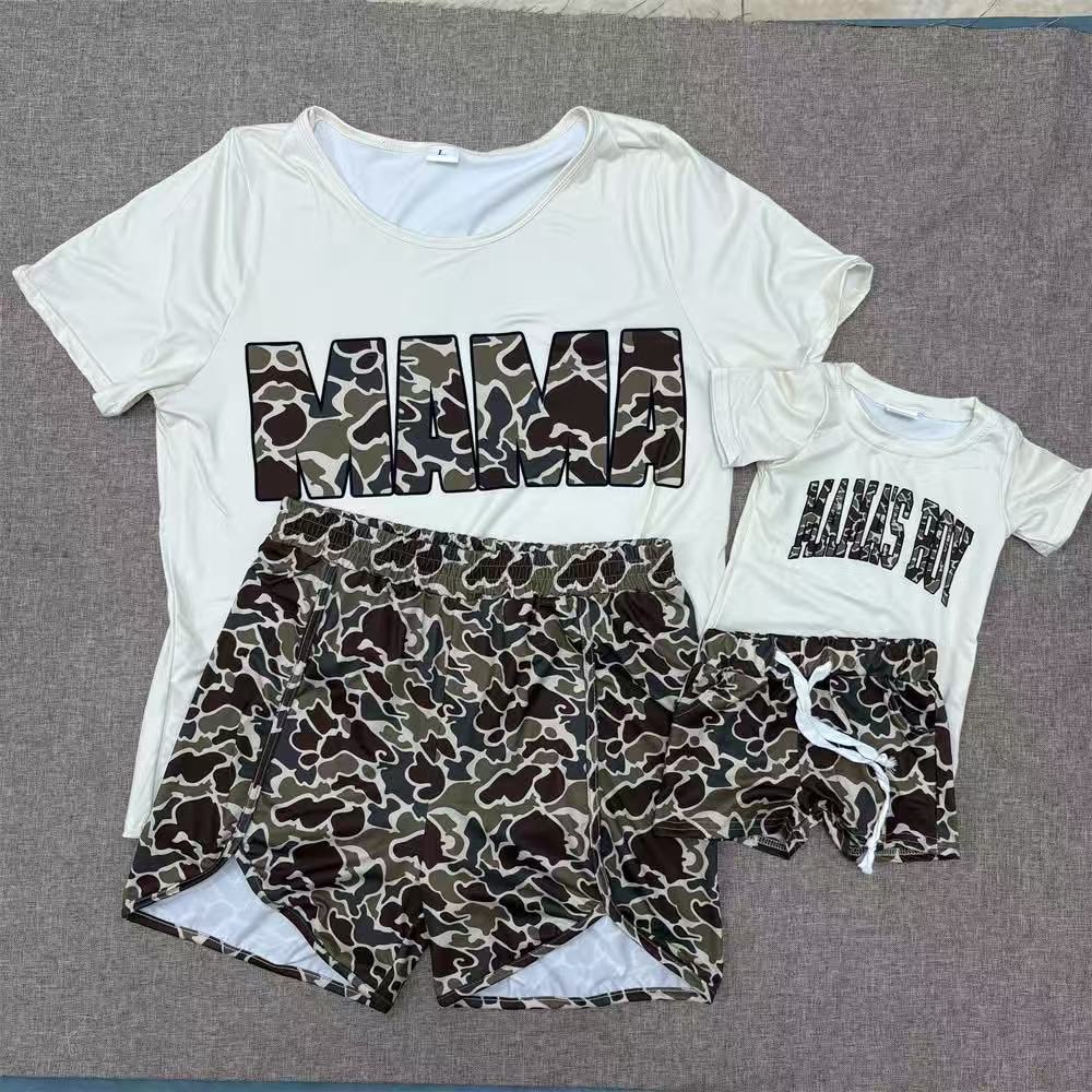 RTS NO MOQ Sibling baby boy Clothes MAMA BOY camouflage short sleeve shorts Sets and adult sers