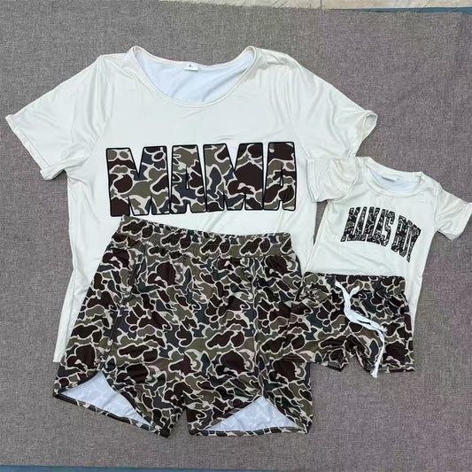 RTS NO MOQ Sibling baby boy Clothes MAMA BOY camouflage short sleeve shorts Sets and adult sers
