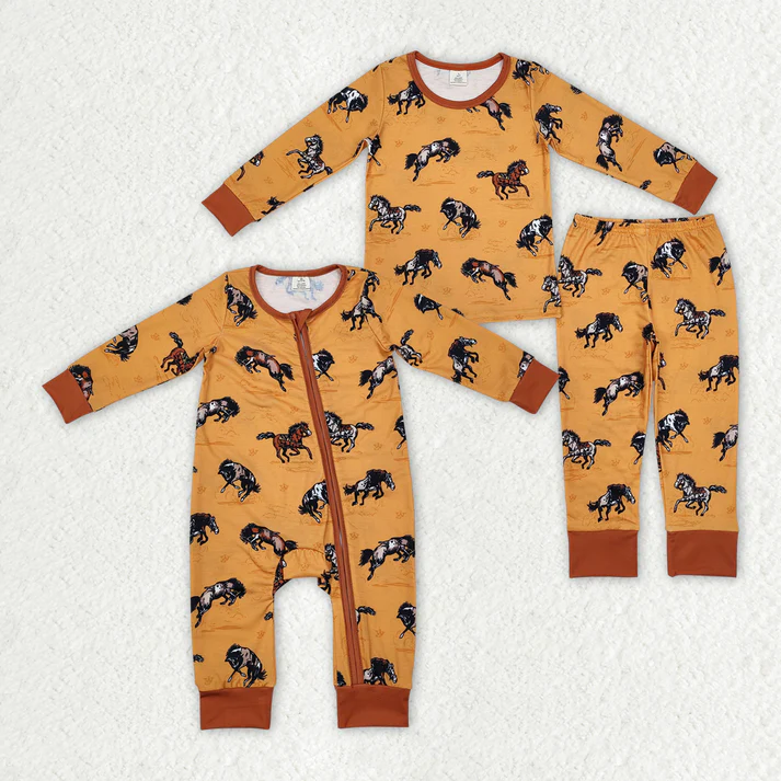 RTS NO MOQ Baby Boys Galloping Horse Brown Long Sleeve Long Pants Pajama Set & Crawling Suit
