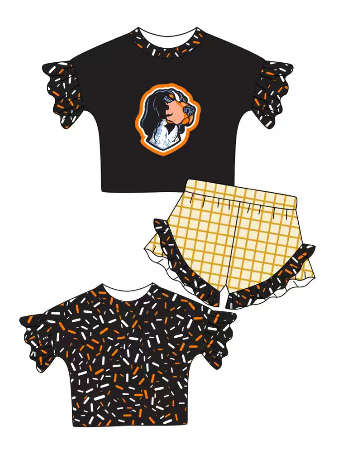 Custom moq 5 mix size milk silk summer teams baby girl clothes black short sleeve shorts sets
