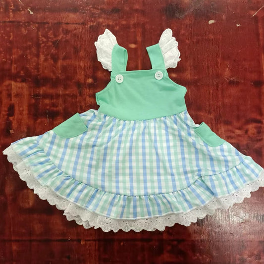 custom moq 5 eta 4-6weeks summer girls teal grid flying sleeve skirt dress