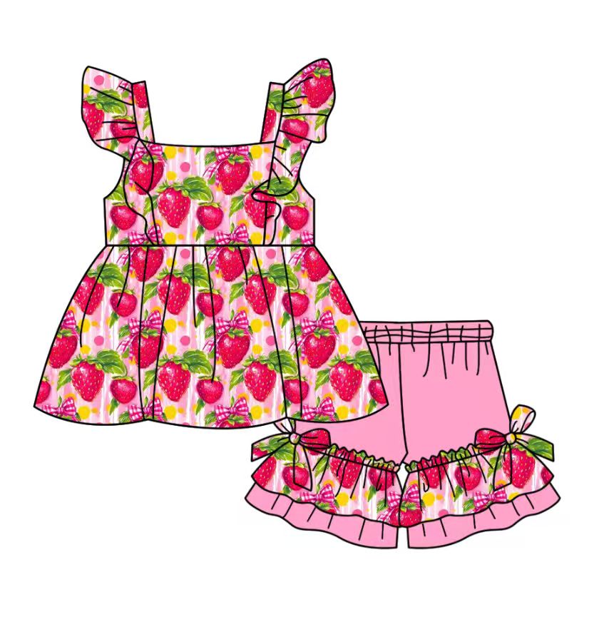 Custom moq 5 mix size milk silk baby girl clothes strawberry flying sleeve shorts sets and dresses 2