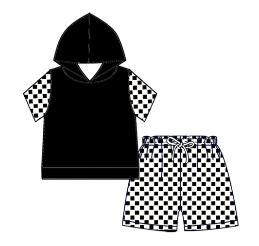 custom moq 5 mix size Baby Boys Black Plaid Short Sleeve Hoodie Top Plaid Shorts Casual Clothes Set