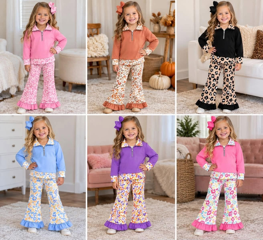 (Preorder new) No moq Baby Girls Solid Color Half Zip Top Colorful Leopard Print Ruffle Flare Pant Clothes Set