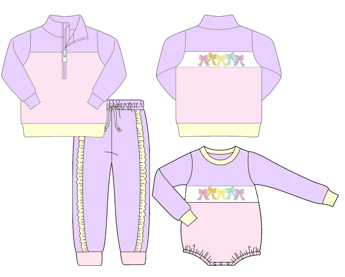 Custom moq 5 each style eta 6-7weeks baby gir clothes bow long sleeve pants and top and romper