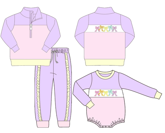 Custom moq 5 each style eta 6-7weeks baby gir clothes bow long sleeve pants and top and romper