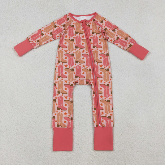 RTS NO MOQ（In Stock) LR2733 Coral red zip-up long-sleeved bodysuit with boots and stars