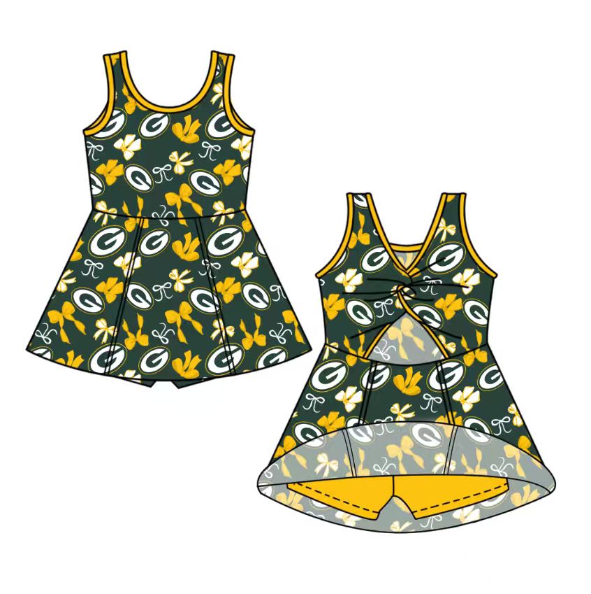 custom moq 5 mix size NB020624 Baby Girls Bow Printed Team Sleeveless Knee Skort Dresses Yoga Active Outfits