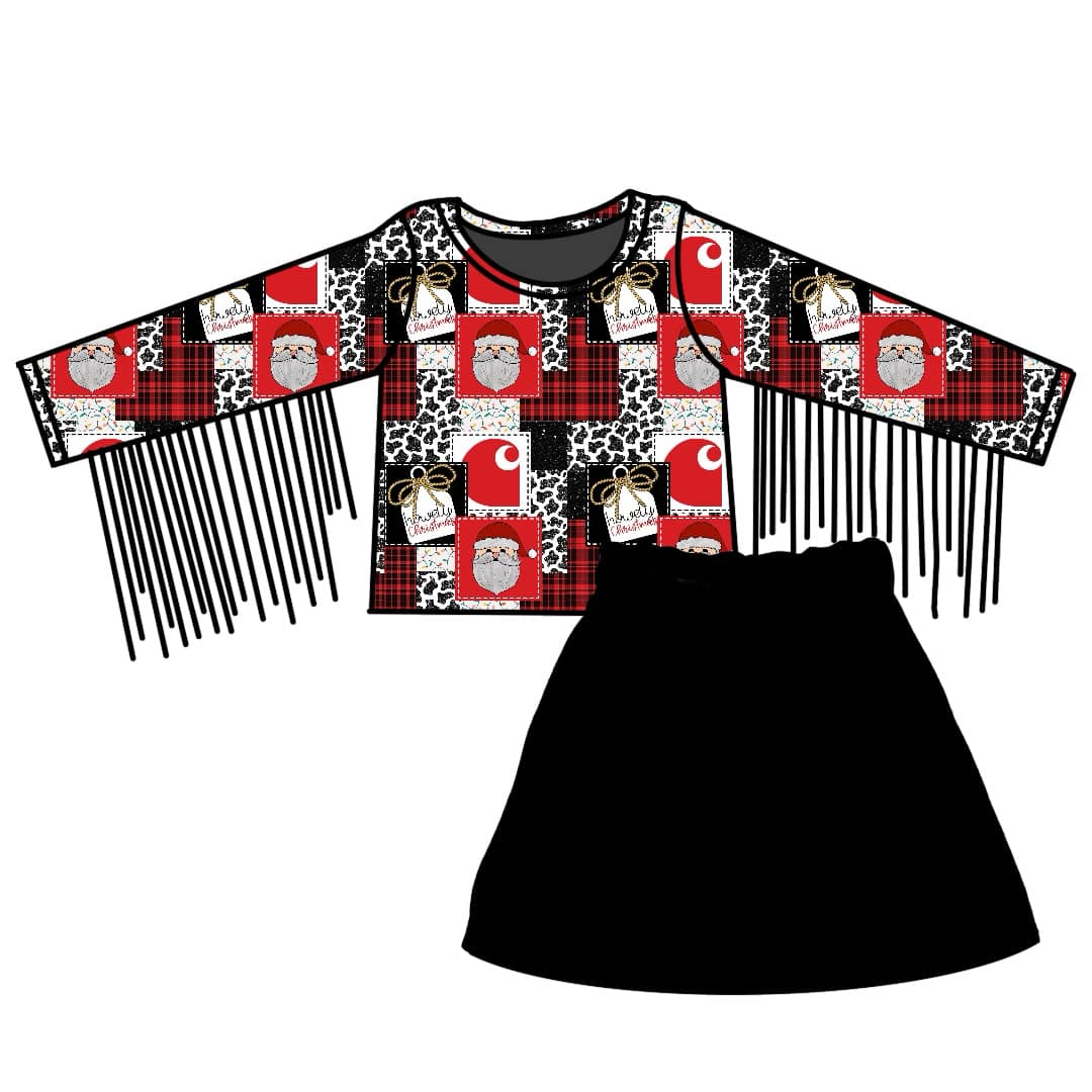 Deadline October 18 custom no moq eta 6-8weeks  Red and Black Plaid Santa Claus-Gift and Pattern Tassel Long Sleeve Top & Black A-Line Skirt Set