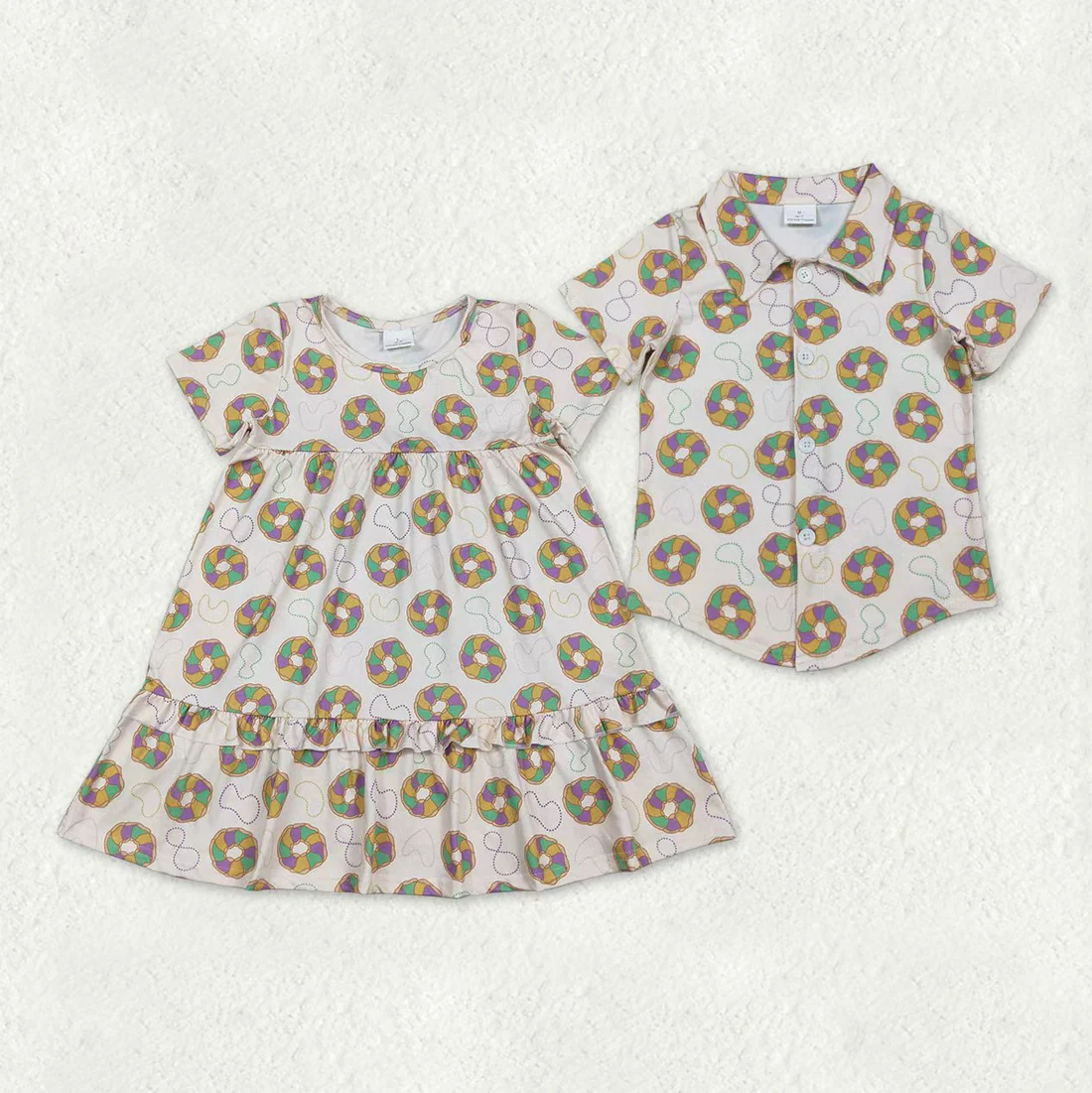 RTS NO MOQ Sibling baby girl boy clothes mardi gras nceklace short sleeve top and dresses