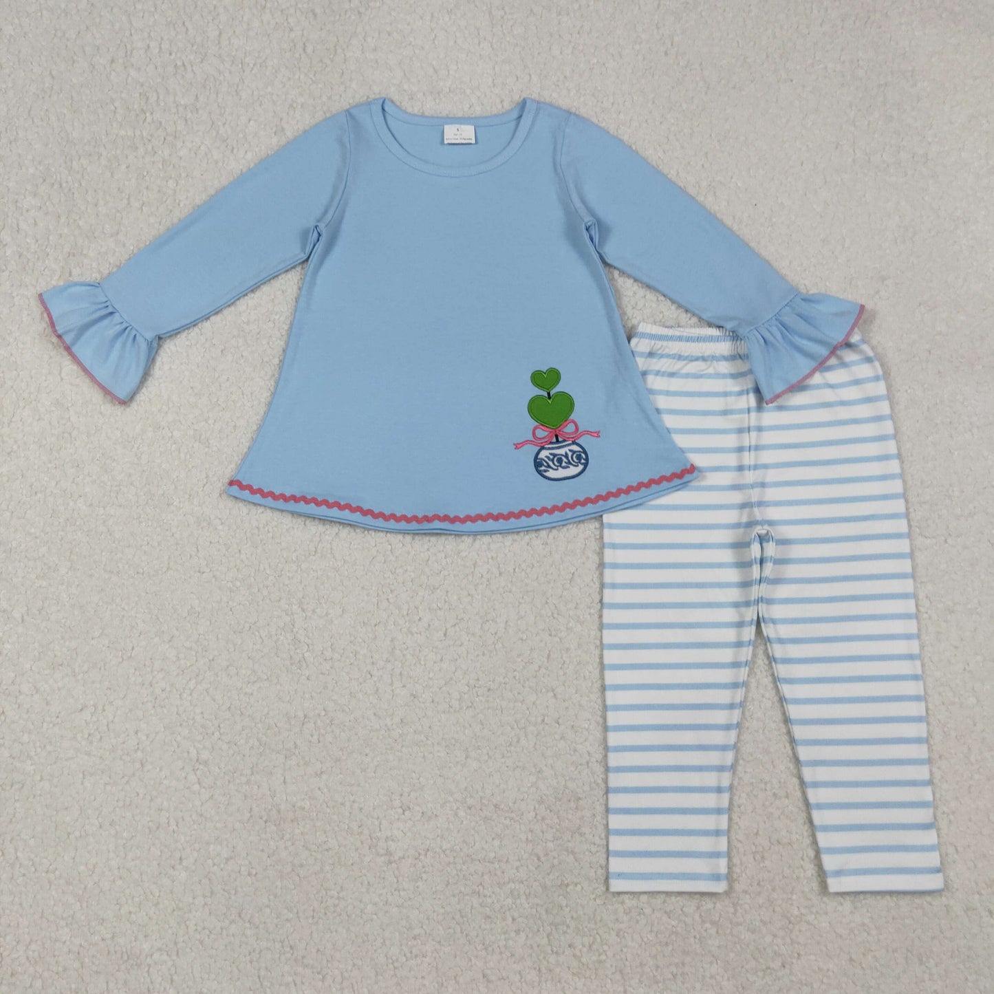 RTS NO MOQ（In Stock) GLP2465 Embroidered Bow Vase Blue Long-Sleeved Striped Pants Set