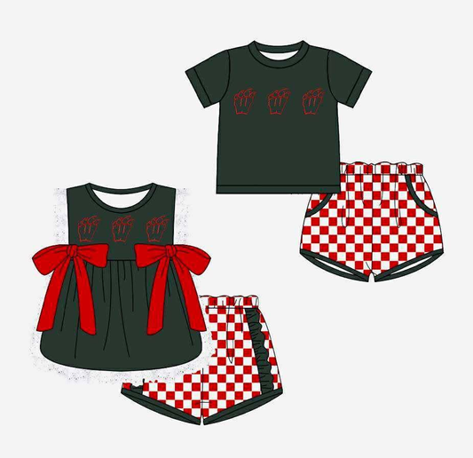 custom moq 5 mix size LJH02 Black short-sleeved top and red plaid shorts