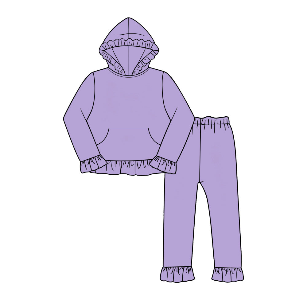 custom moq 5 mix size KYMN0101 Baby Ruffle Trim Hoodie Sweatshirt And Ruffle Cuff Leggings Set Fall Casual Kids Long Sleeve Outfit With Front Pocket