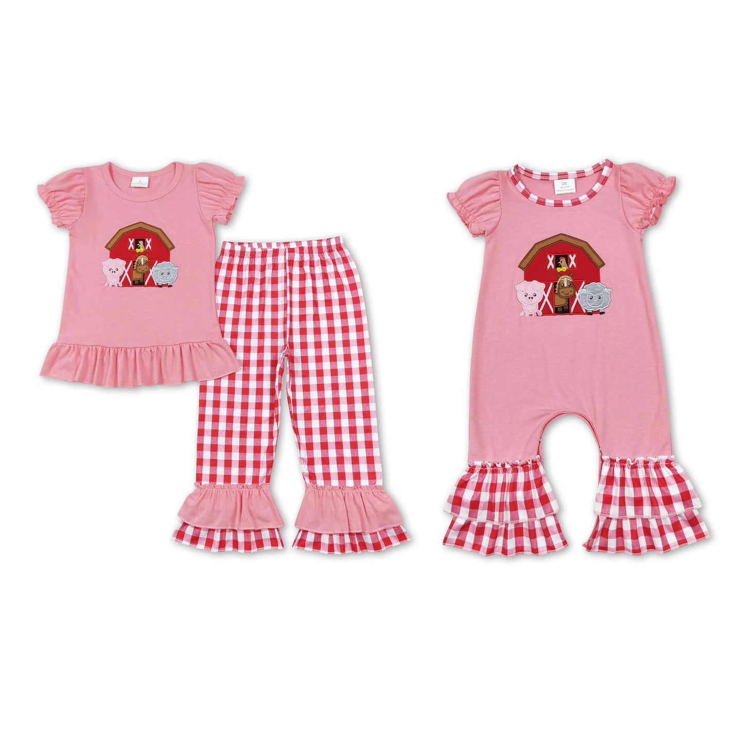 RTS NO MOQ Sibling baby girls clothes Embroidered Animal-House Pattern Bubble Short Sleeve Pants Set & Climbing Suit