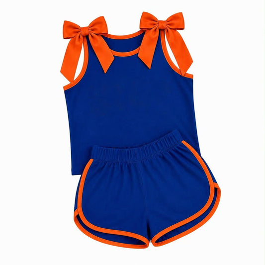 custom moq 5 mix size Baby Girls Orange Bow Sleeveless Blue Top Shorts Summer Casual Outfit Set