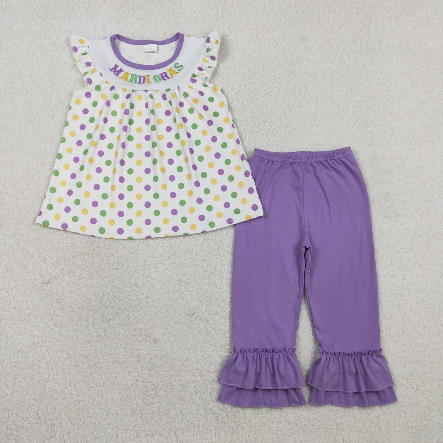 RTS NO MOQ（In Stock) GSPO2205 Embroidered Mardi Gras Polka Dot White Flutter Sleeve Purple Trouser Suit