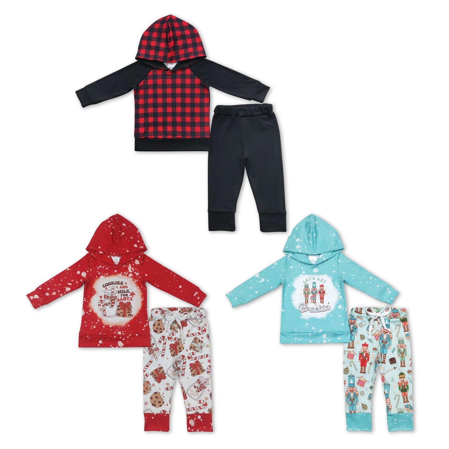 RTS NO MOQ BLP0231 BLP0219 BLP0224 Christmas Guard Pattern Hooded Pullover Long Sleeve Pants Set: Plaid & Polka Dots