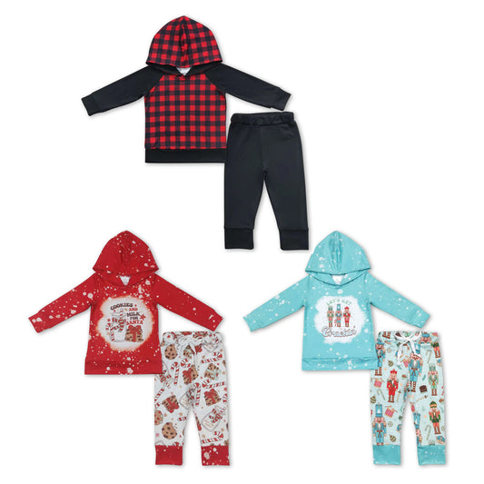 RTS NO MOQ BLP0231 BLP0219 BLP0224 Christmas Guard Pattern Hooded Pullover Long Sleeve Pants Set: Plaid & Polka Dots