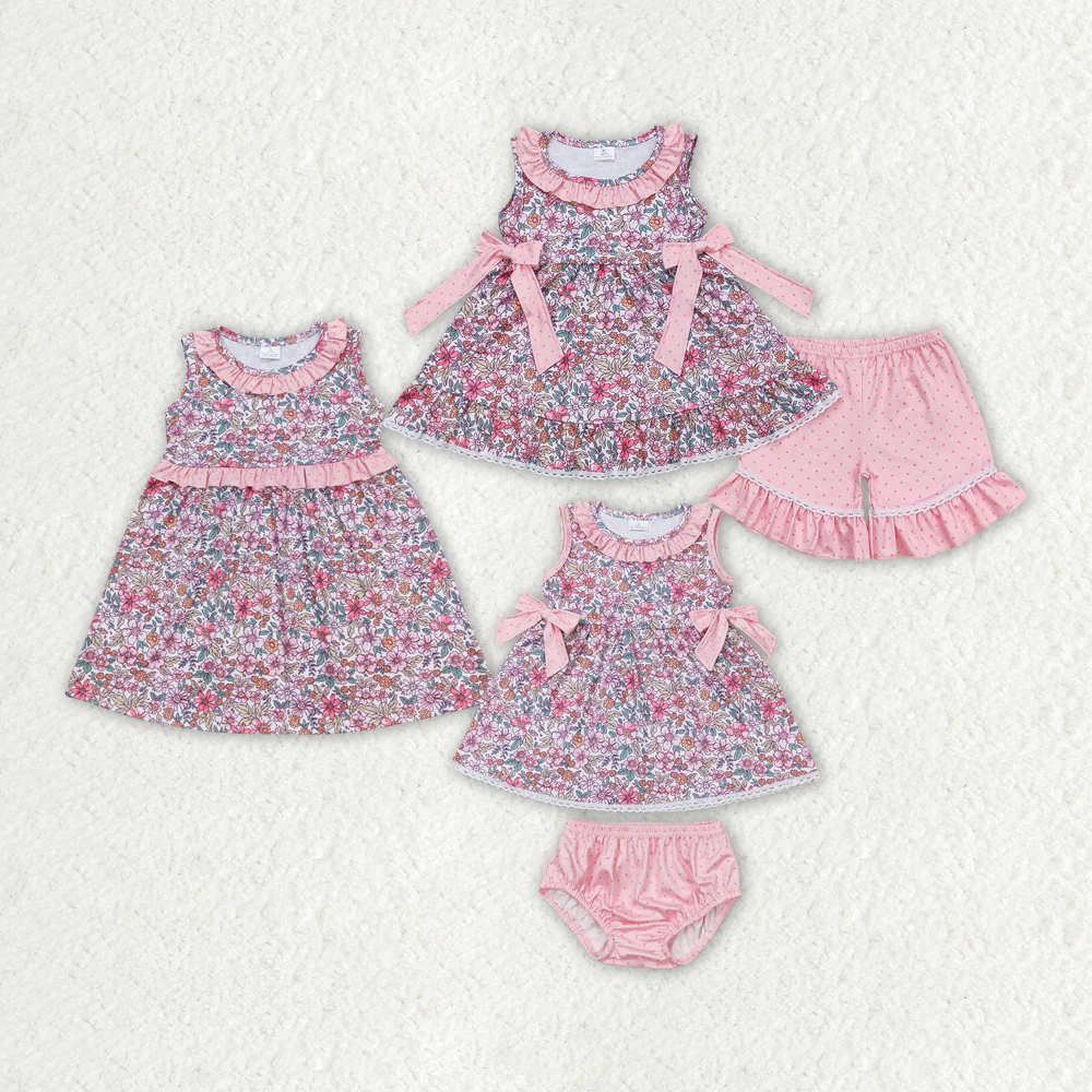 Baby Girls Pink Flowers Bows Sibling Sister Clothes Sets