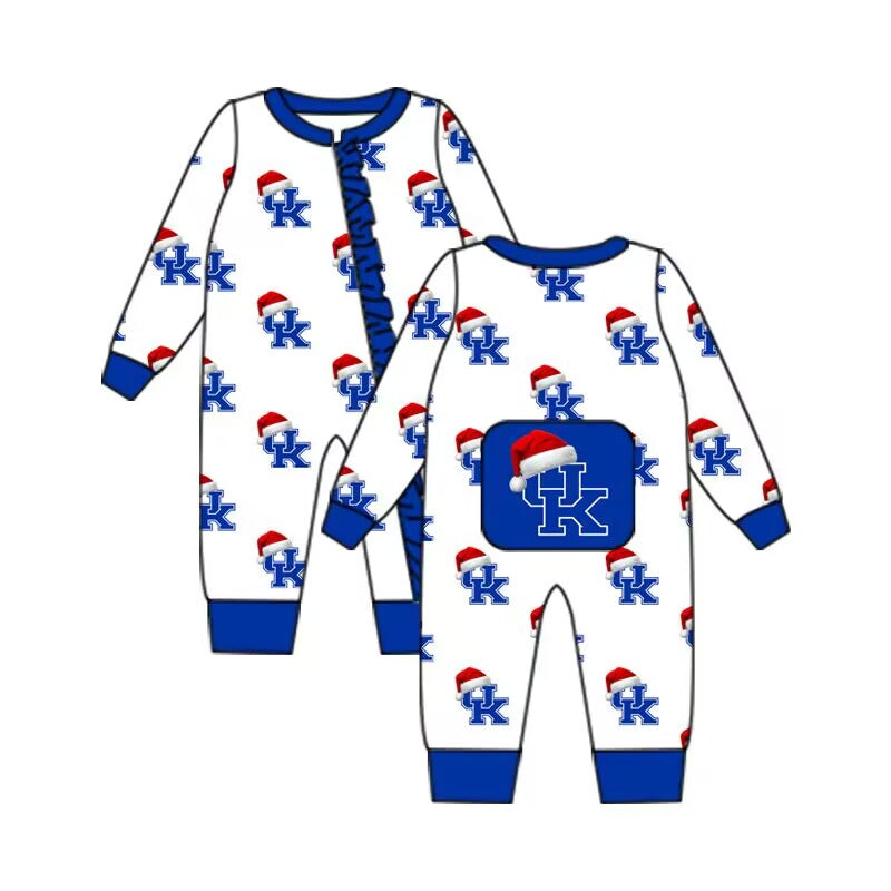 Custom moq 5 eta 6-8weeks baby girls clothes team Christmas UK blue long sleeve girls romper