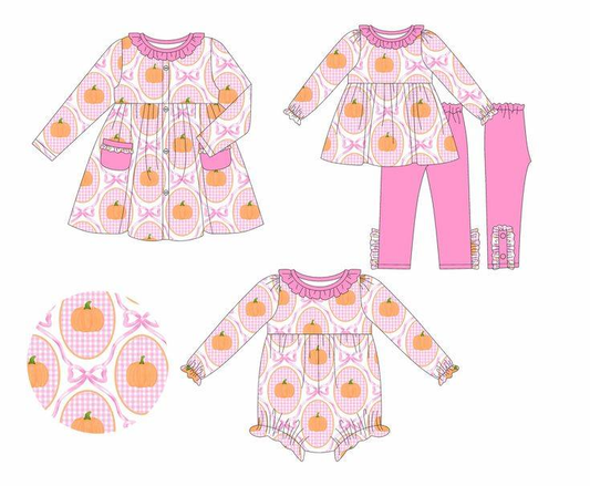 Custom moq 5 each style eta 6-7weeks baby girl clothes pumpkin bow long sleeve pant sets and dress and romper