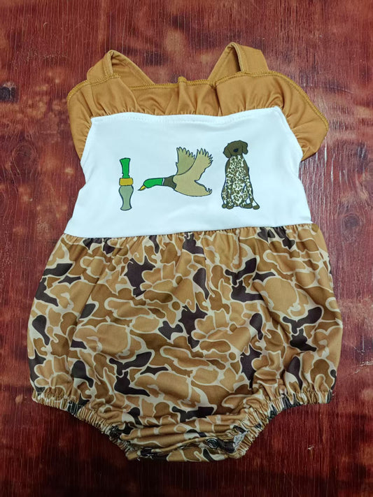 Custom moq 3 eta 6-7weeks baby girl clothes duck puppy camouflage sleeveless romper