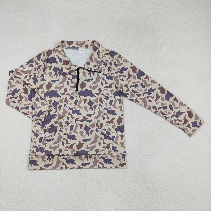 RTS NO MOQ Adults women and Baby Girls Khaki Camouflage Zipper Stand Collar Pullover Long Sleeve Top