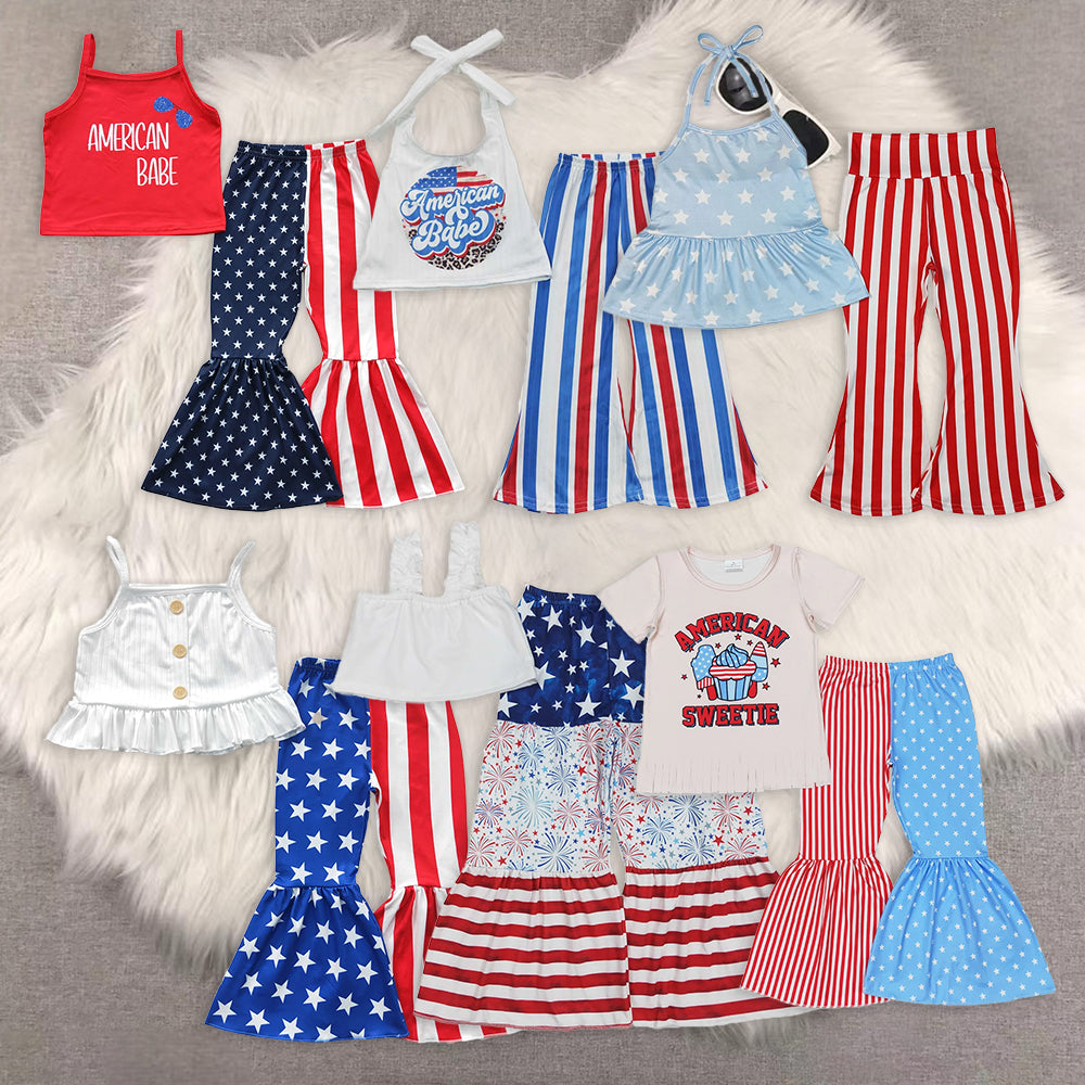 RTS NO MOQ baby Girls clothes 4th of july short sleeve pants Sets