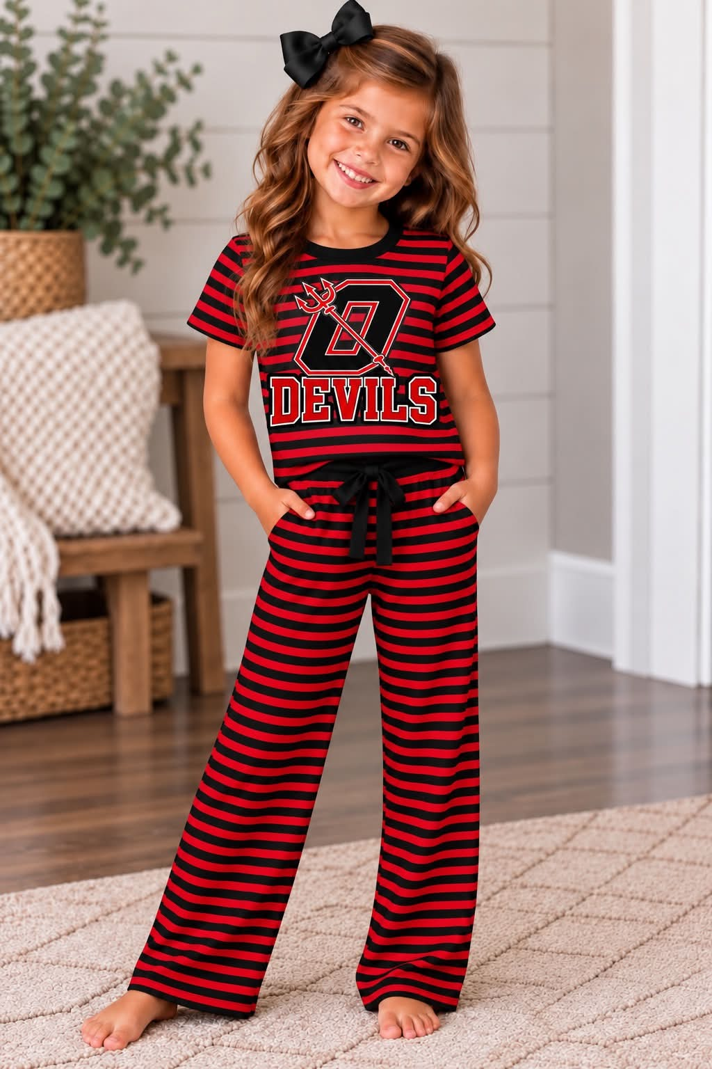 custom moq 5 mix size LIBBYBS0102 Adult To Match Kids Red Black Striped Short Sleeve Pant Set