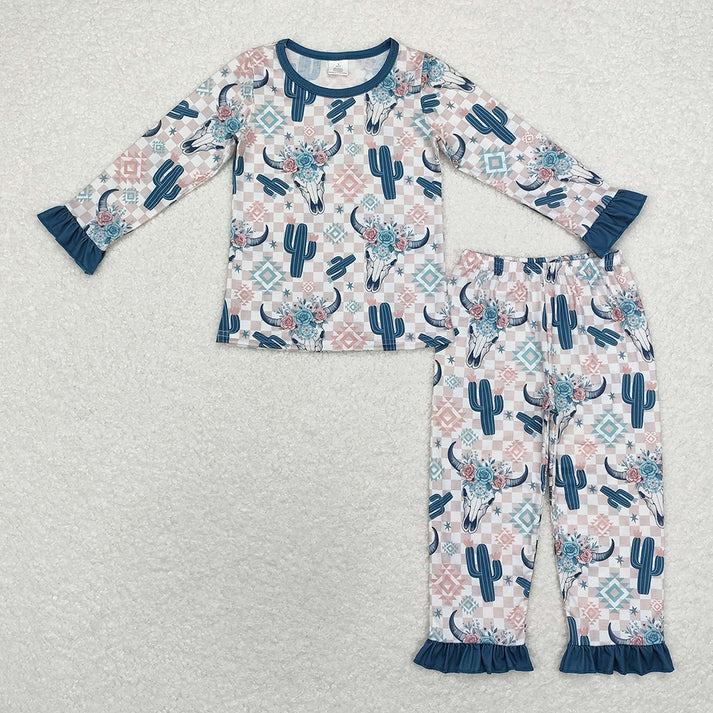 RTS NO MOQ Dark blue cactus-flower bull head pink plaid long-sleeved suit & crawling suit & adult trousers