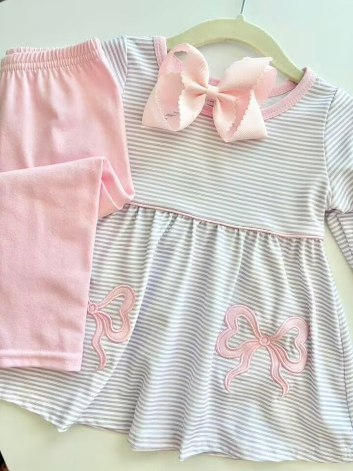 RTS NO MOQ（In Stock) GLP2696 Embroidery long-sleeved pantsuit with pink bow and purple stripes